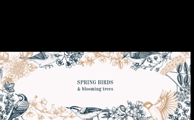 Spring garden banner template in sketched style. Vintage frame with birds, flowers, and blooming branches. Almond, willow, rowan, willow, cherry blossom floral sketches for prints or web design